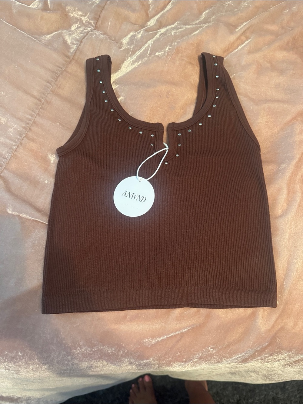 Women's Brown Ribbed Tank with Stud Detail M/L
